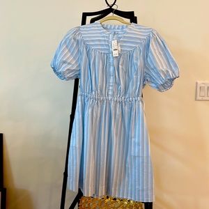 Jcrew blue & white cotton stripped puff sleeve dress w/pockets.
